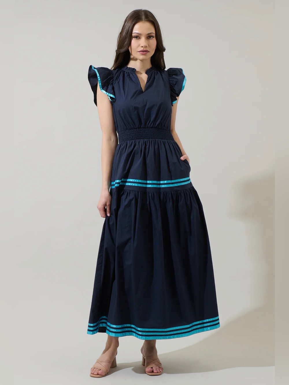 Sugarlips Solene Contrast Maxi Dress Navy with Turquoise Trim - Plus Size/Curve